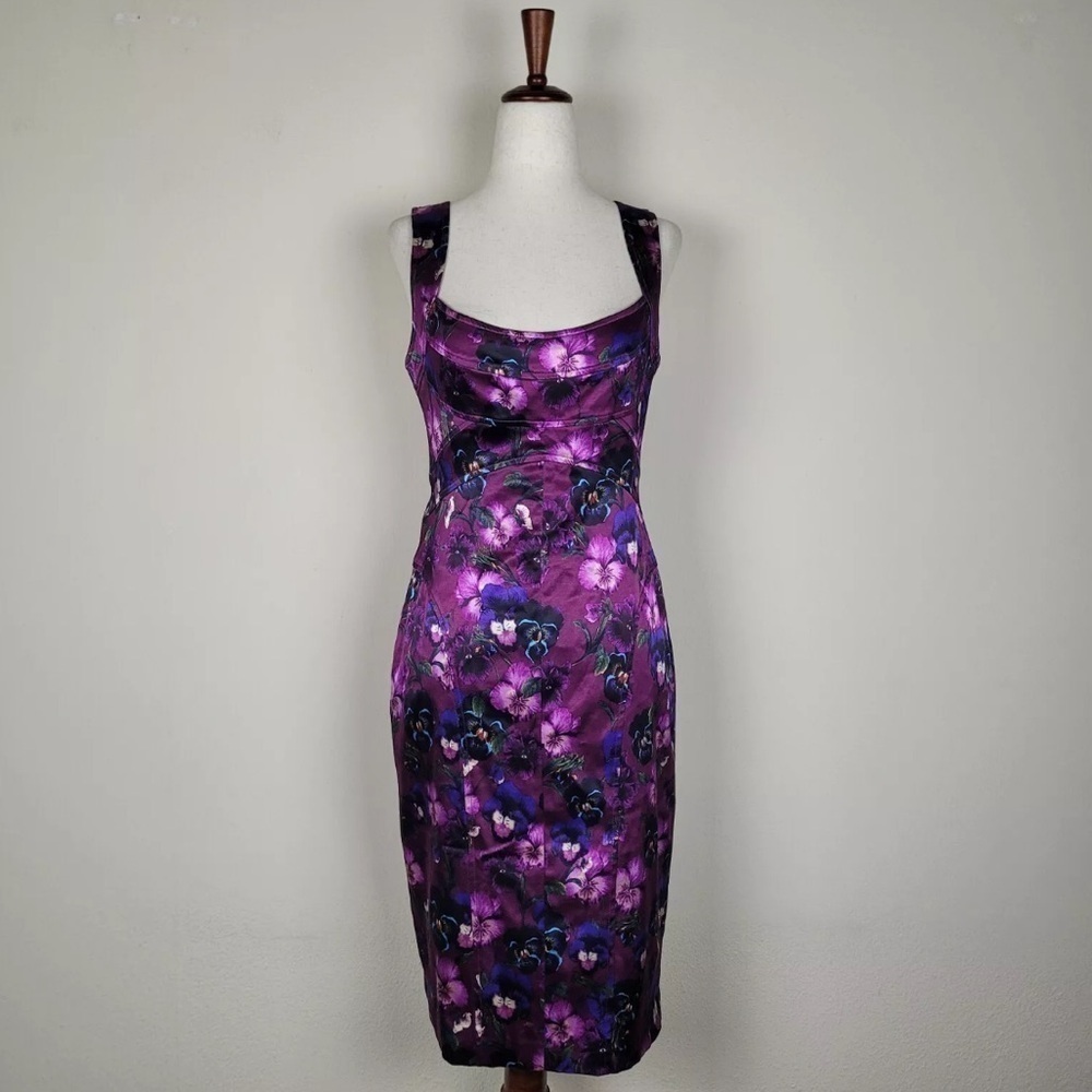 David Meister- NWT Purple Satin Floral Sleeveless Midi Shift Dress